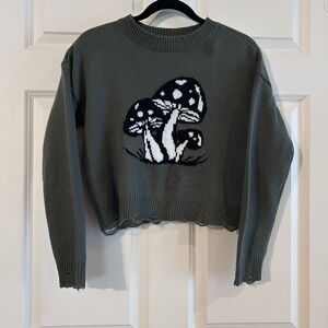 No Boundaries Olive Green Mushroom Graphic Cropped Crewneck Sweater